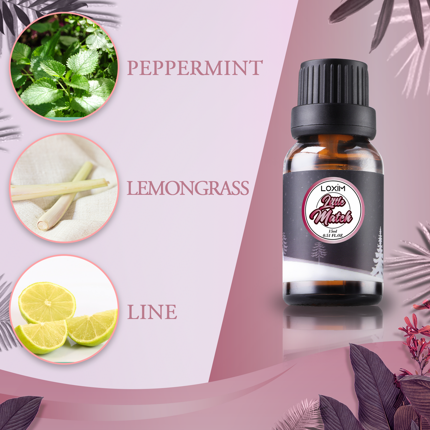 LOXIM Little Match Essential Oil Blend (Peppermint & Lime & Lemongrass) Pure and Natural for Aromatherapy Diffuser, Skin & Hair Care, Stress Relief, Relaxation, Sleep 15ml,0.51 FL.OZ