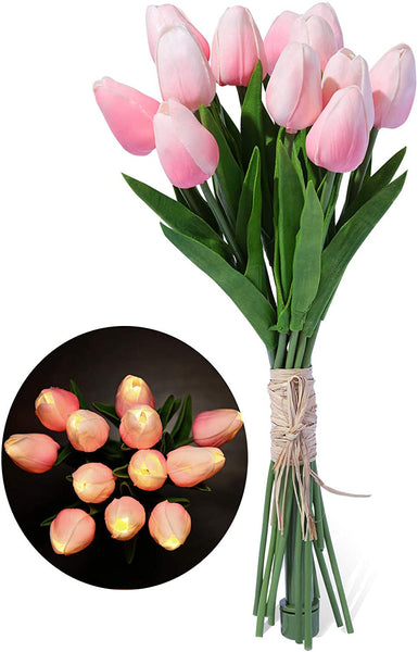 Minidiva 12 pcs Tulips Artificial Flowers with LED Light, Real Touch Fake Bouquet for Home Decor, Table Centerpieces, Night Lamp, Gift Idea, Wedding Arrangements, Battery Powered, Timer Settings