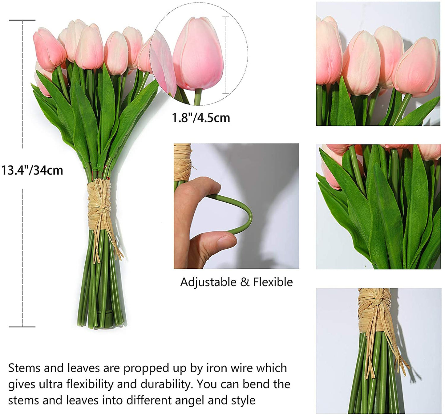 Minidiva 12 pcs Tulips Artificial Flowers with LED Light, Real Touch Fake Bouquet for Home Decor, Table Centerpieces, Night Lamp, Gift Idea, Wedding Arrangements, Battery Powered, Timer Settings